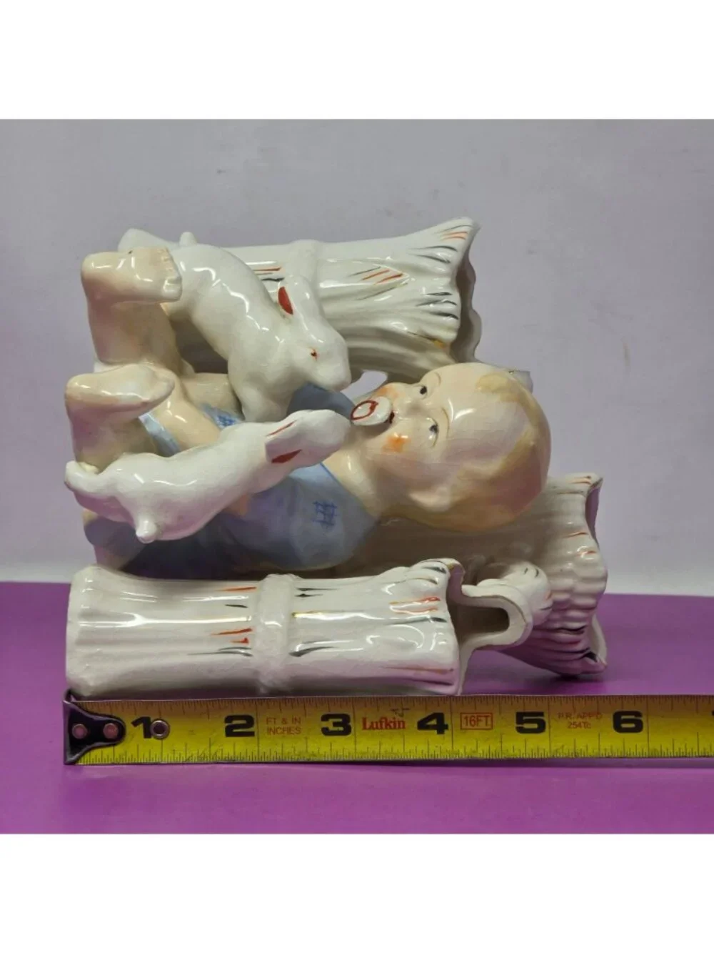 Vintage Made In Japan Baby‎ With Rabbits Ceramic Flower Vase Planter Figurine